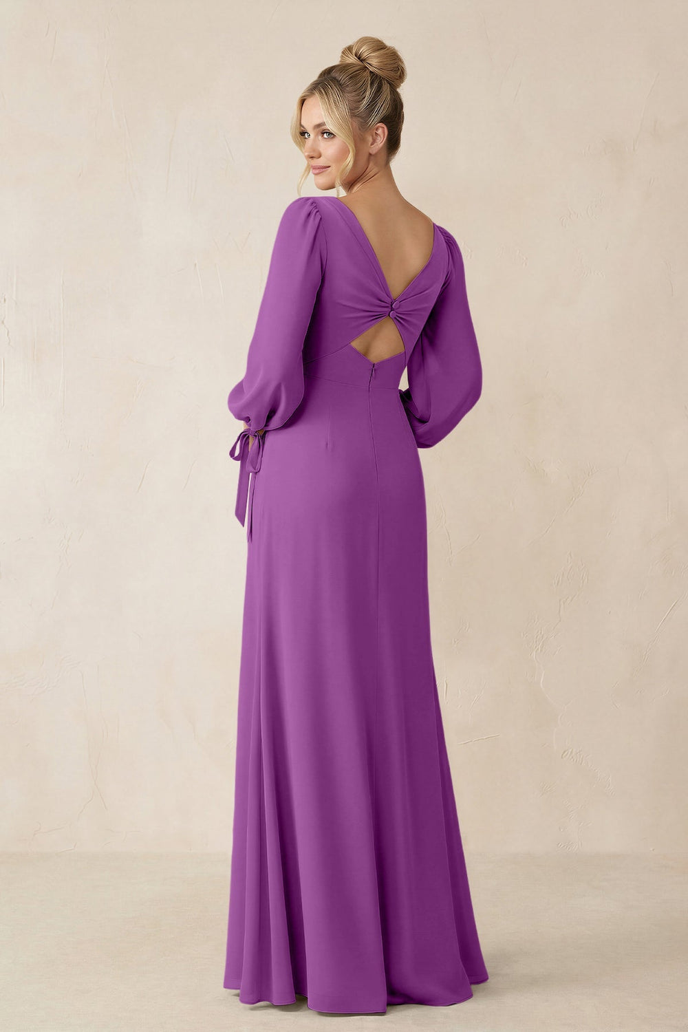 Square Neck Long Sleeve Sheath Chiffon Bridesmaid Dress in Amethyst - KissProm Bridesmaid Dresses