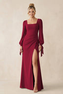 Square Neck Long Sleeve Sheath Chiffon Bridesmaid Dress in Berry - KissProm Bridesmaid Dresses