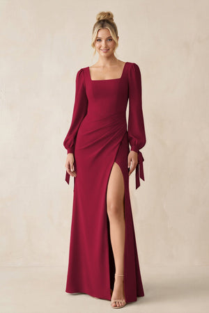 Square Neck Long Sleeve Sheath Chiffon Bridesmaid Dress in Berry - KissProm Bridesmaid Dresses