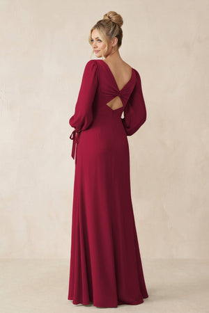 Square Neck Long Sleeve Sheath Chiffon Bridesmaid Dress in Berry - KissProm Bridesmaid Dresses