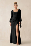 Square Neck Long Sleeve Sheath Chiffon Bridesmaid Dress in Black - KissProm Bridesmaid Dresses