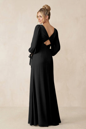 Square Neck Long Sleeve Sheath Chiffon Bridesmaid Dress in Black - KissProm Bridesmaid Dresses