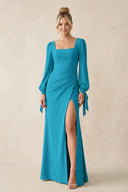 Square Neck Long Sleeve Sheath Chiffon Bridesmaid Dress in Blue Jay - KissProm Bridesmaid Dresses