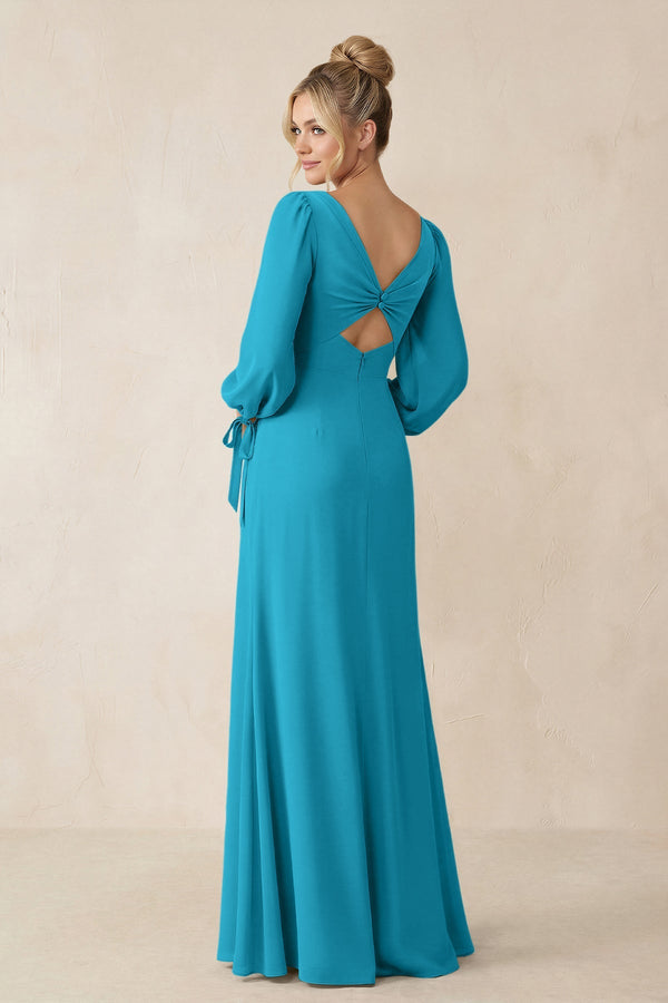 Square Neck Long Sleeve Sheath Chiffon Bridesmaid Dress in Blue Jay - KissProm Bridesmaid Dresses