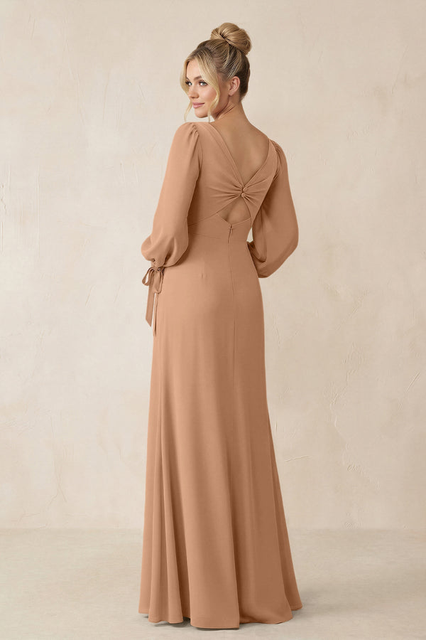 Square Neck Long Sleeve Sheath Chiffon Bridesmaid Dress in Bronzer - KissProm Bridesmaid Dresses