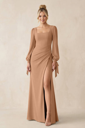 Square Neck Long Sleeve Sheath Chiffon Bridesmaid Dress in Bronzer - KissProm Bridesmaid Dresses