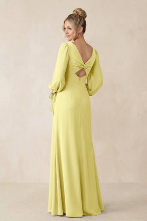 Square Neck Long Sleeve Sheath Chiffon Bridesmaid Dress in Buttercup - KissProm Bridesmaid Dresses