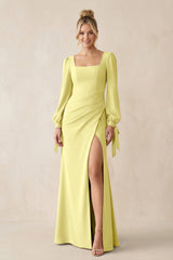 Square Neck Long Sleeve Sheath Chiffon Bridesmaid Dress in Buttercup - KissProm Bridesmaid Dresses
