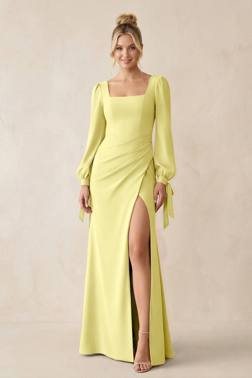 Square Neck Long Sleeve Sheath Chiffon Bridesmaid Dress in Buttercup - KissProm Bridesmaid Dresses