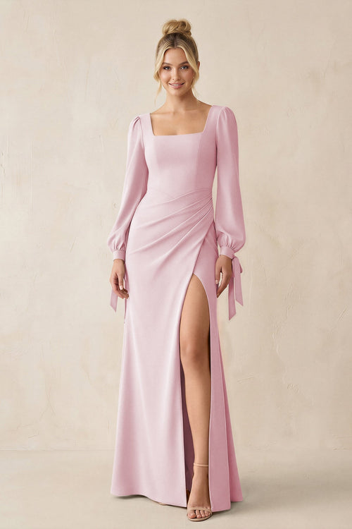 Square Neck Long Sleeve Sheath Chiffon Bridesmaid Dress in Candy Pink - KissProm Bridesmaid Dresses