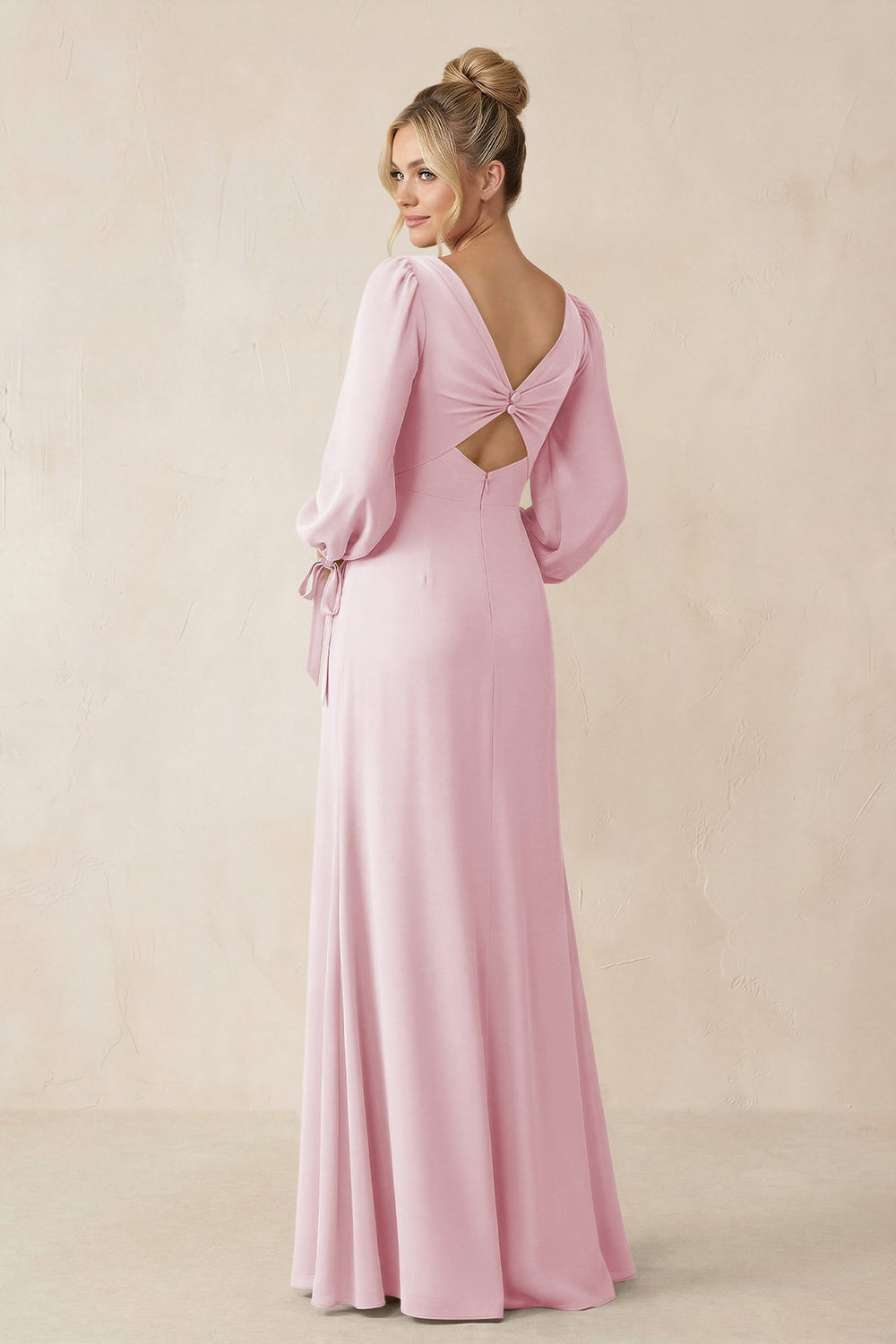 Square Neck Long Sleeve Sheath Chiffon Bridesmaid Dress in Candy Pink - KissProm Bridesmaid Dresses