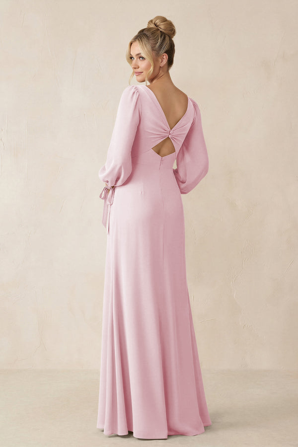 Square Neck Long Sleeve Sheath Chiffon Bridesmaid Dress in Candy Pink - KissProm Bridesmaid Dresses