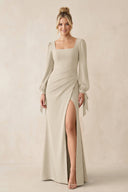 Square Neck Long Sleeve Sheath Chiffon Bridesmaid Dress in Champagne - KissProm Bridesmaid Dresses