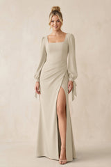 Square Neck Long Sleeve Sheath Chiffon Bridesmaid Dress in Champagne - KissProm Bridesmaid Dresses