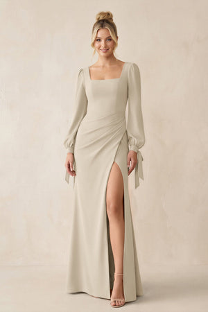 Square Neck Long Sleeve Sheath Chiffon Bridesmaid Dress in Champagne - KissProm Bridesmaid Dresses