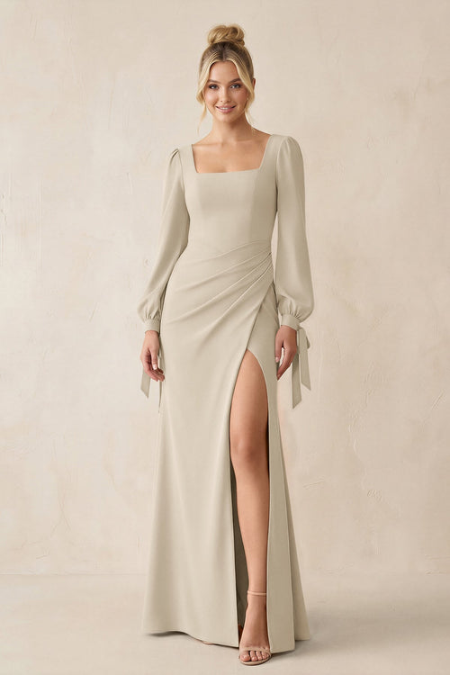 Square Neck Long Sleeve Sheath Chiffon Bridesmaid Dress in Champagne - KissProm Bridesmaid Dresses