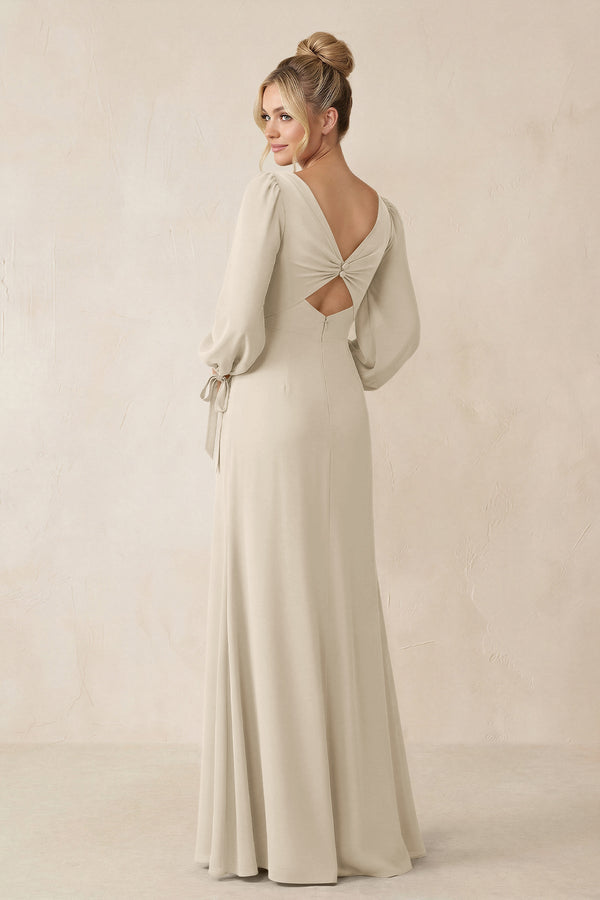 Square Neck Long Sleeve Sheath Chiffon Bridesmaid Dress in Champagne - KissProm Bridesmaid Dresses