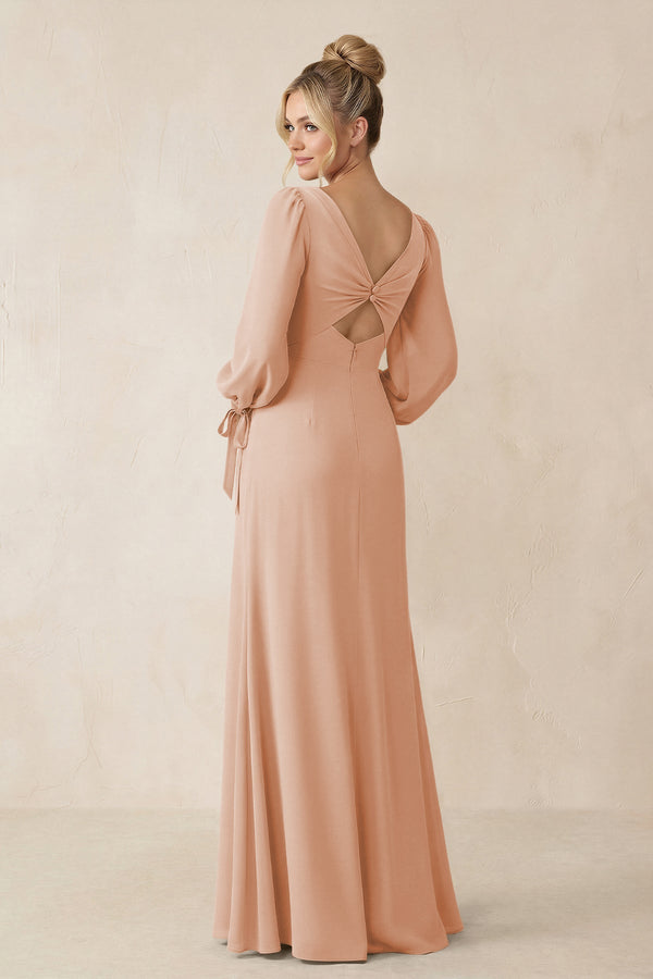 Square Neck Long Sleeve Sheath Chiffon Bridesmaid Dress in Champagne Rose