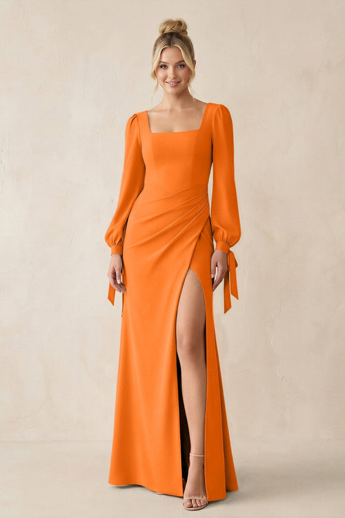 Square Neck Long Sleeve Sheath Chiffon Bridesmaid Dress in Cinnamon - KissProm Bridesmaid Dresses