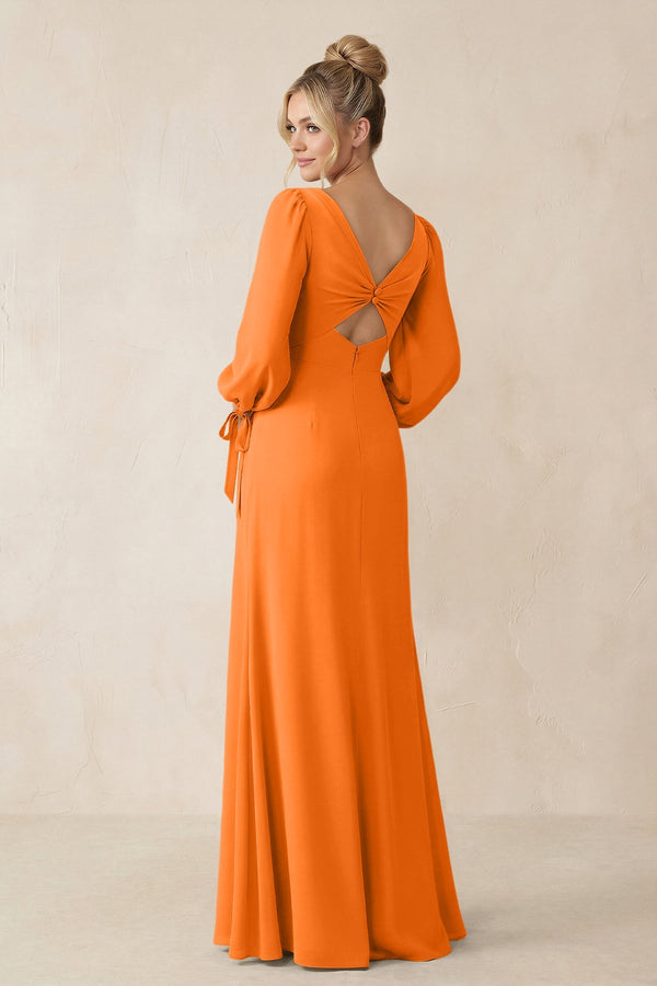 Square Neck Long Sleeve Sheath Chiffon Bridesmaid Dress in Cinnamon - KissProm Bridesmaid Dresses