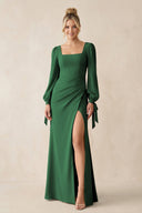 Square Neck Long Sleeve Sheath Chiffon Bridesmaid Dress in Dark Green - KissProm Bridesmaid Dresses