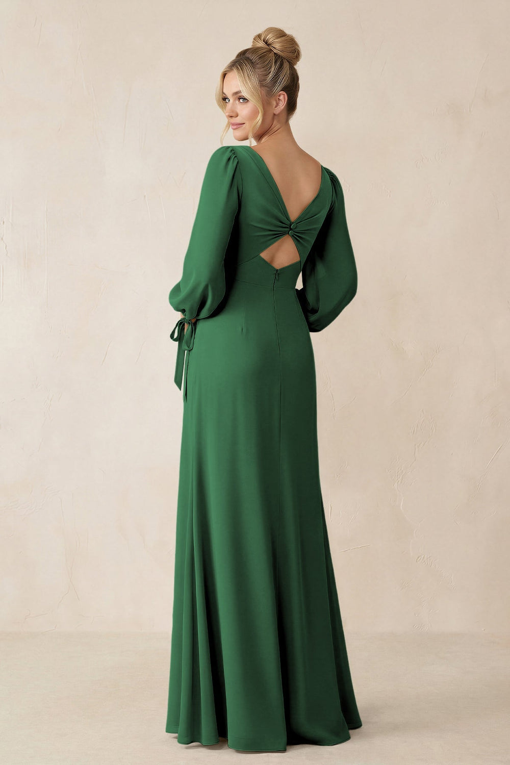 Square Neck Long Sleeve Sheath Chiffon Bridesmaid Dress in Dark Green - KissProm Bridesmaid Dresses