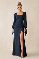 Square Neck Long Sleeve Sheath Chiffon Bridesmaid Dress in Dark Navy - KissProm Bridesmaid Dresses