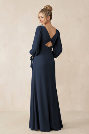 Square Neck Long Sleeve Sheath Chiffon Bridesmaid Dress in Dark Navy - KissProm Bridesmaid Dresses