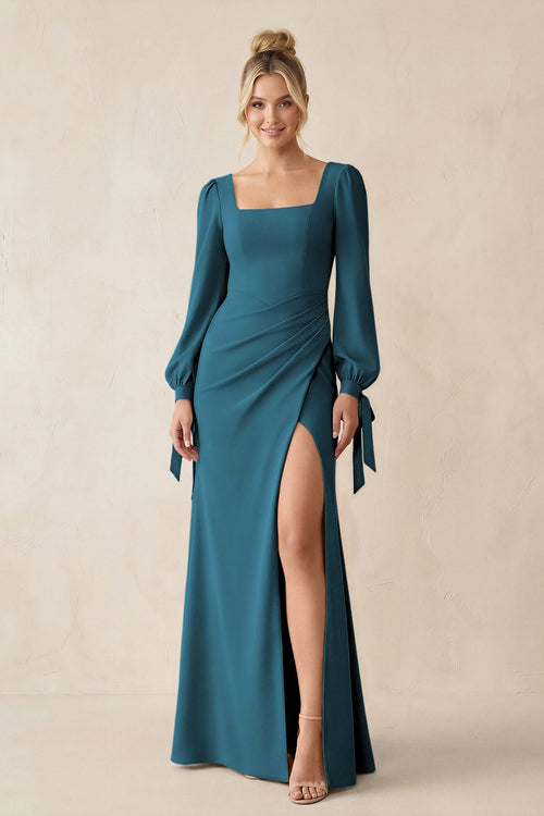 Square Neck Long Sleeve Sheath Chiffon Bridesmaid Dress in Dark Teal - KissProm Bridesmaid Dresses