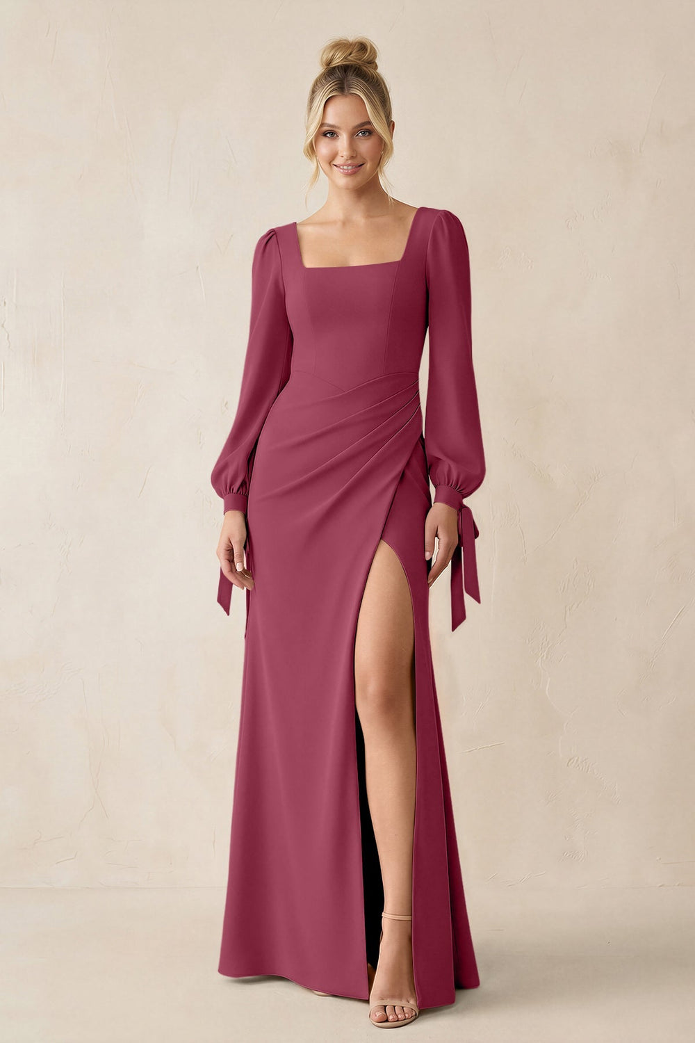 Square Neck Long Sleeve Sheath Chiffon Bridesmaid Dress in Desert Rose - KissProm Bridesmaid Dresses