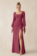 Square Neck Long Sleeve Sheath Chiffon Bridesmaid Dress in Desert Rose - KissProm Bridesmaid Dresses