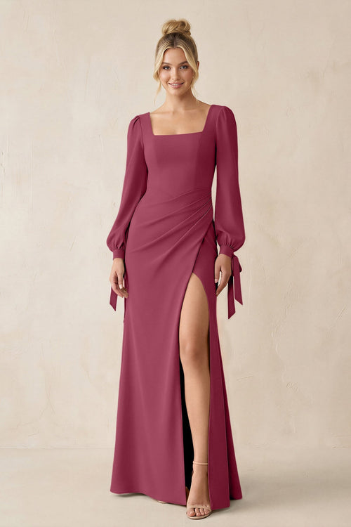 Square Neck Long Sleeve Sheath Chiffon Bridesmaid Dress in Desert Rose - KissProm Bridesmaid Dresses