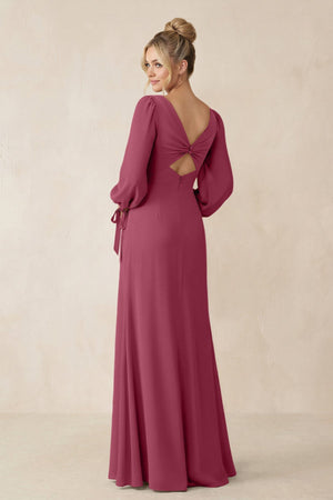 Square Neck Long Sleeve Sheath Chiffon Bridesmaid Dress in Desert Rose - KissProm Bridesmaid Dresses