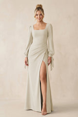 Square Neck Long Sleeve Sheath Chiffon Bridesmaid Dress in Dove Gray - KissProm Bridesmaid Dresses
