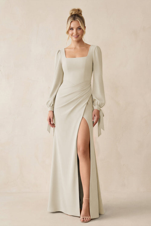 Square Neck Long Sleeve Sheath Chiffon Bridesmaid Dress in Dove Gray - KissProm Bridesmaid Dresses