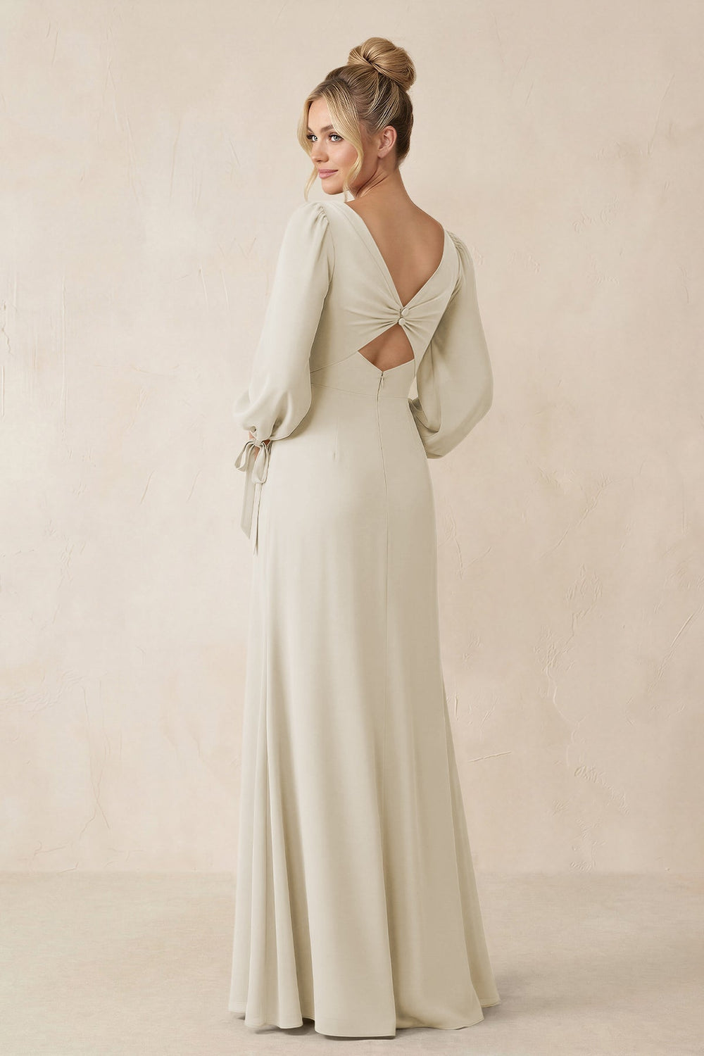 Square Neck Long Sleeve Sheath Chiffon Bridesmaid Dress in Dove Gray - KissProm Bridesmaid Dresses