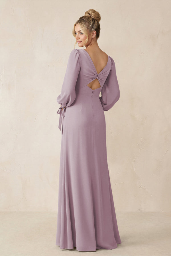 Square Neck Long Sleeve Sheath Chiffon Bridesmaid Dress in Dusk - KissProm Bridesmaid Dresses