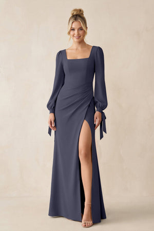Square Neck Long Sleeve Sheath Chiffon Bridesmaid Dress in Dusk Blue - KissProm Bridesmaid Dresses