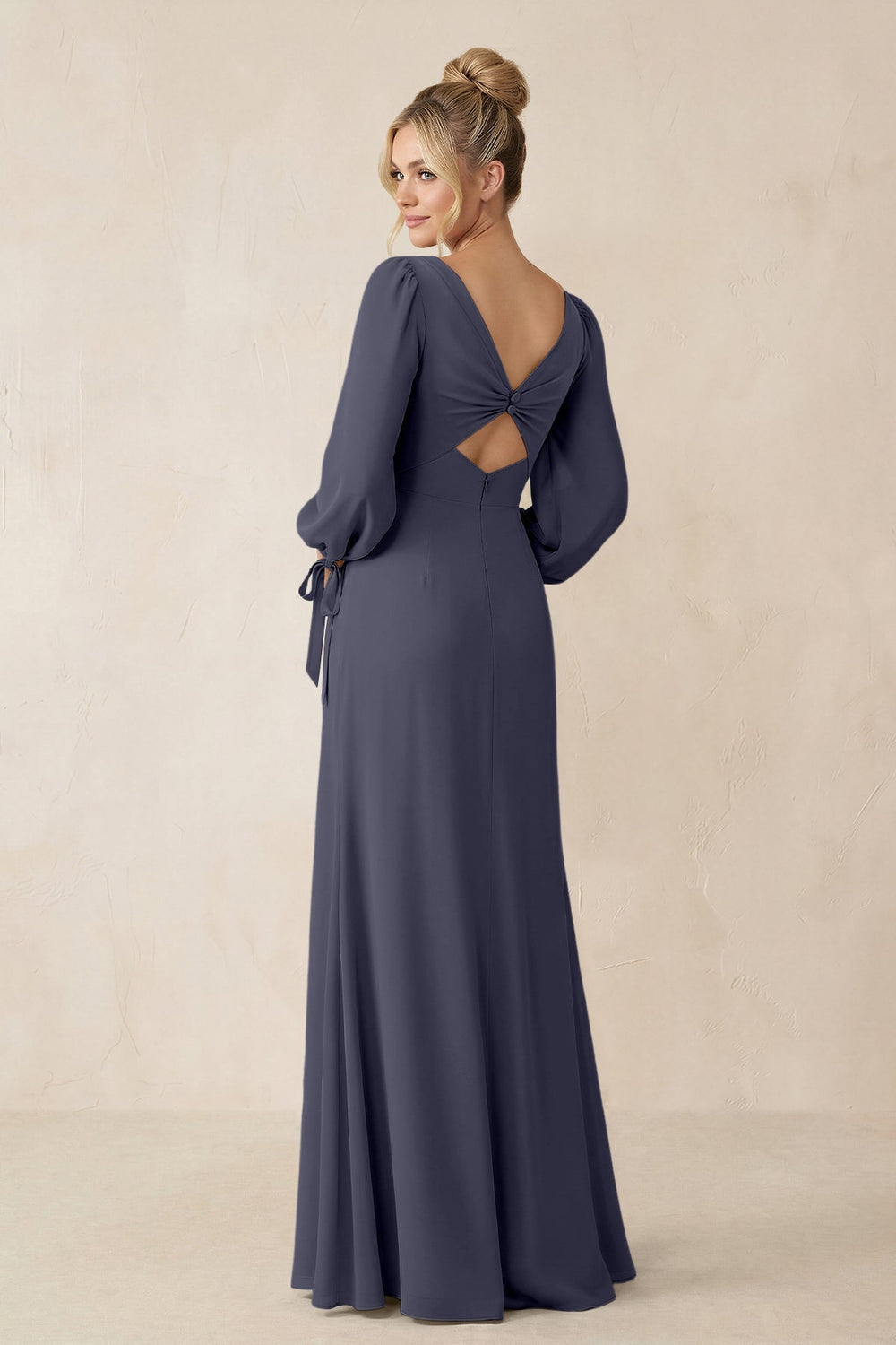Square Neck Long Sleeve Sheath Chiffon Bridesmaid Dress in Dusk Blue - KissProm Bridesmaid Dresses