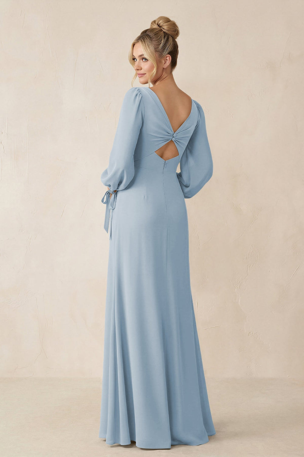 Square Neck Long Sleeve Sheath Chiffon Bridesmaid Dress in Dusty Blue - KissProm Bridesmaid Dresses