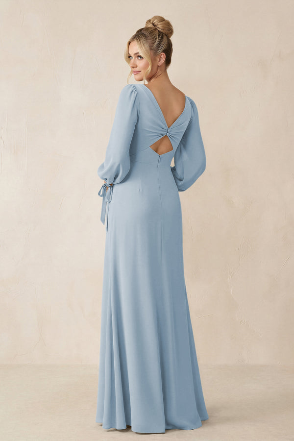 Square Neck Long Sleeve Sheath Chiffon Bridesmaid Dress in Dusty Blue - KissProm Bridesmaid Dresses