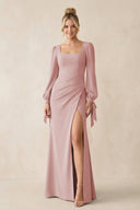 Square Neck Long Sleeve Sheath Chiffon Bridesmaid Dress in Dusty Rose - KissProm Bridesmaid Dresses