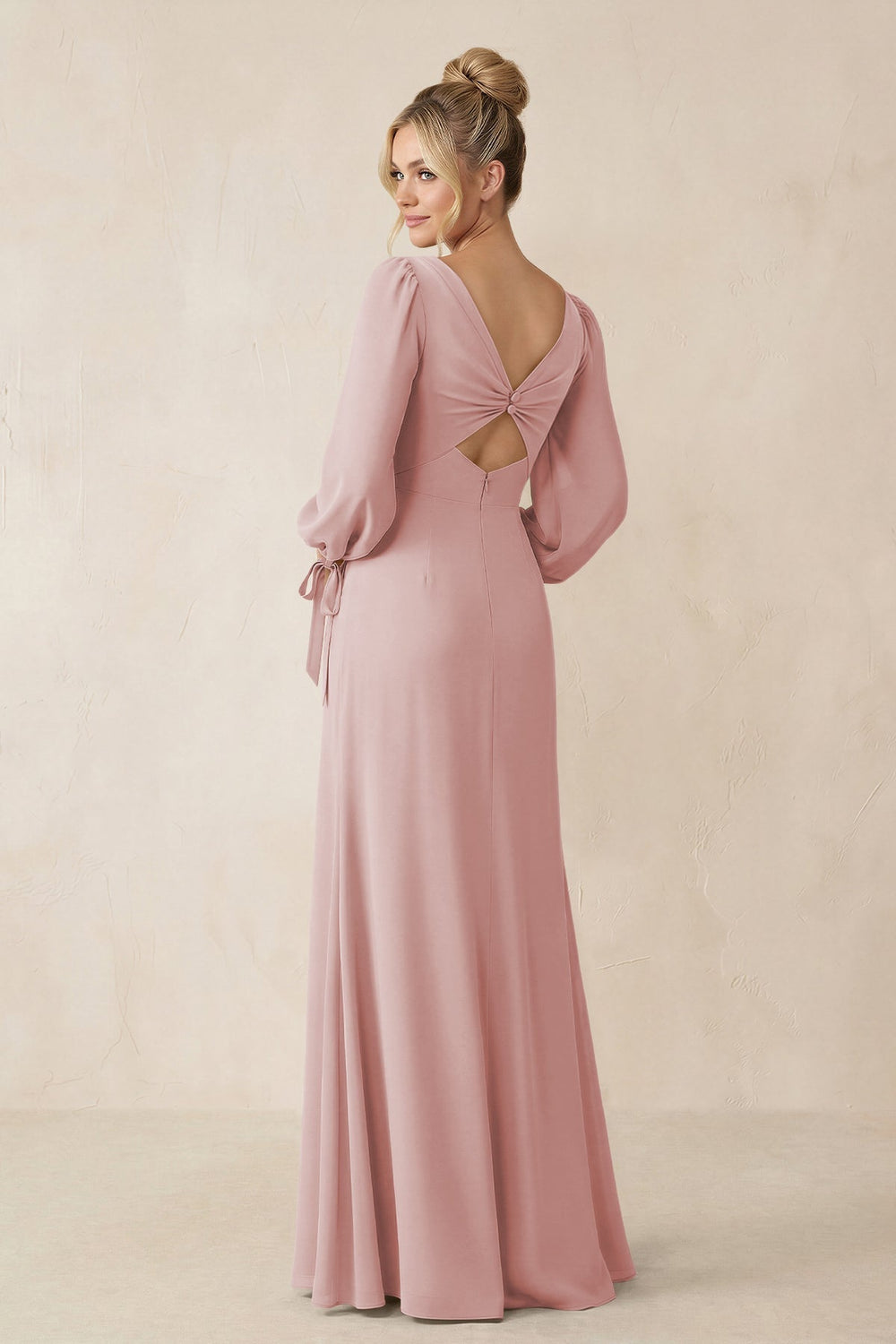 Square Neck Long Sleeve Sheath Chiffon Bridesmaid Dress in Dusty Rose - KissProm Bridesmaid Dresses