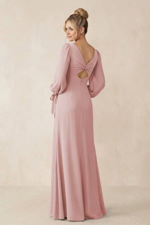 Square Neck Long Sleeve Sheath Chiffon Bridesmaid Dress in Dusty Rose - KissProm Bridesmaid Dresses