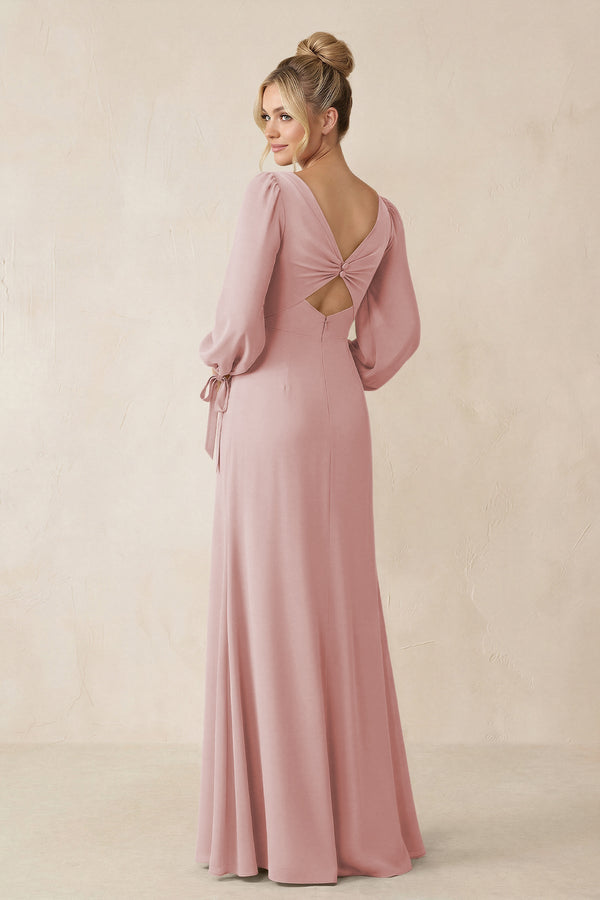 Square Neck Long Sleeve Sheath Chiffon Bridesmaid Dress in Dusty Rose - KissProm Bridesmaid Dresses