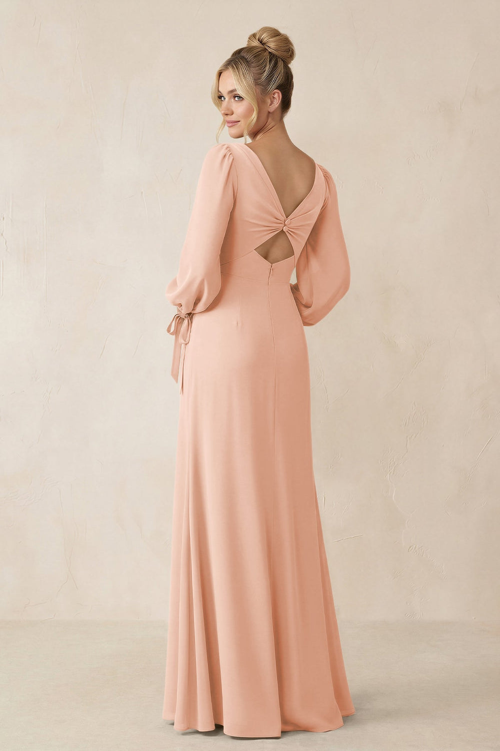 Square Neck Long Sleeve Sheath Chiffon Bridesmaid Dress in English Rose - KissProm Bridesmaid Dresses