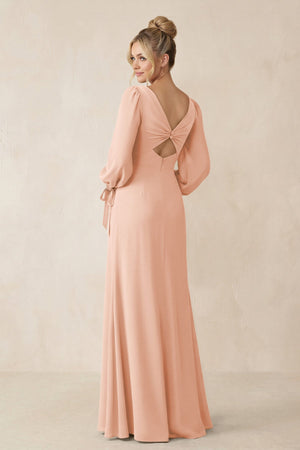 Square Neck Long Sleeve Sheath Chiffon Bridesmaid Dress in English Rose - KissProm Bridesmaid Dresses