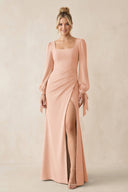 Square Neck Long Sleeve Sheath Chiffon Bridesmaid Dress in English Rose - KissProm Bridesmaid Dresses