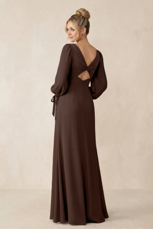 Square Neck Long Sleeve Sheath Chiffon Bridesmaid Dress in Espresso - KissProm Bridesmaid Dresses