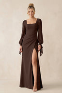 Square Neck Long Sleeve Sheath Chiffon Bridesmaid Dress in Espresso - KissProm Bridesmaid Dresses